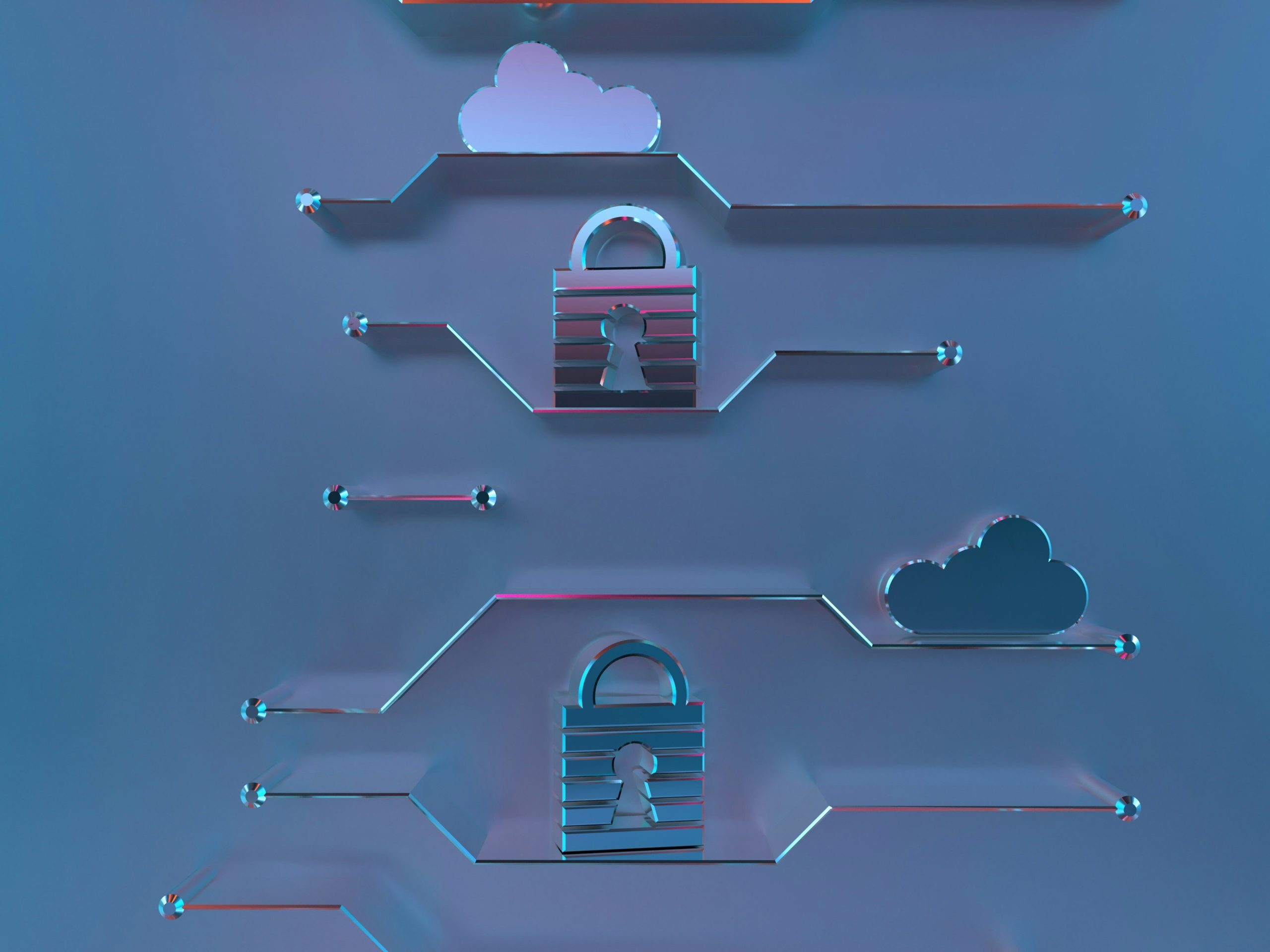 A 3D illustration of interconnected padlock and cloud icons on a metallic blue background; representing cloud data security, encryption, and digital protection systems.