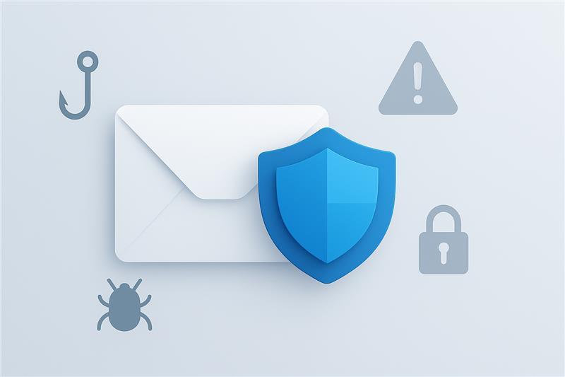An illustration of an envelope with a blue shield symbol in front, surrounded by icons of a phishing hook, warning triangle, padlock, and bug, representing email security and protection against cyber threats.
