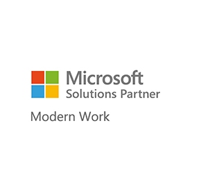A badge displaying the Microsoft logo with the text “ Microsoft Solutions Partner – Modern Work on a white background.