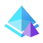 Two overlapping geometric pyramids composed of gradient shades of blue and purple; the larger pyramid in bright cyan and blue hues, and the smaller one in violet tones; both layered over angular base shapes creating a modern, three-dimensional logo design on a light gray background.