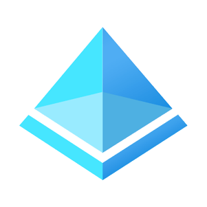 Geometric pyramid icon composed of layered blue triangles in varying gradients from light cyan to deep azure; the design forms a 3D effect suggesting depth and precision; set against a light gray background representing a modern cloud or technology brand symbol.