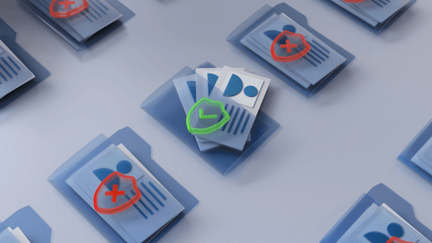 Illustration of digital file folders containing documents with profile icons - some marked with red shields and X symbols indicating rejection - and one stack marked with a green shield and check mark representing approval or security clearance.