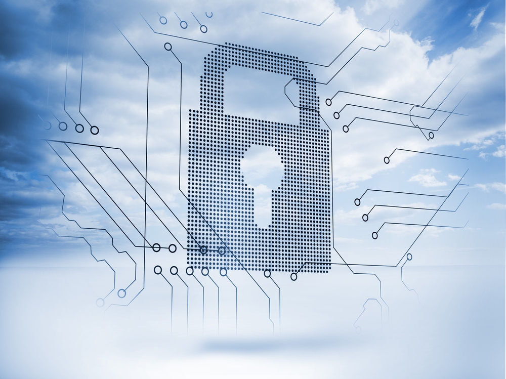 A digital illustration of a padlock made from small dots overlays a cloudy sky, with circuit lines extending outward, symbolizing cloud security, data protection, and secure digital infrastructure.
