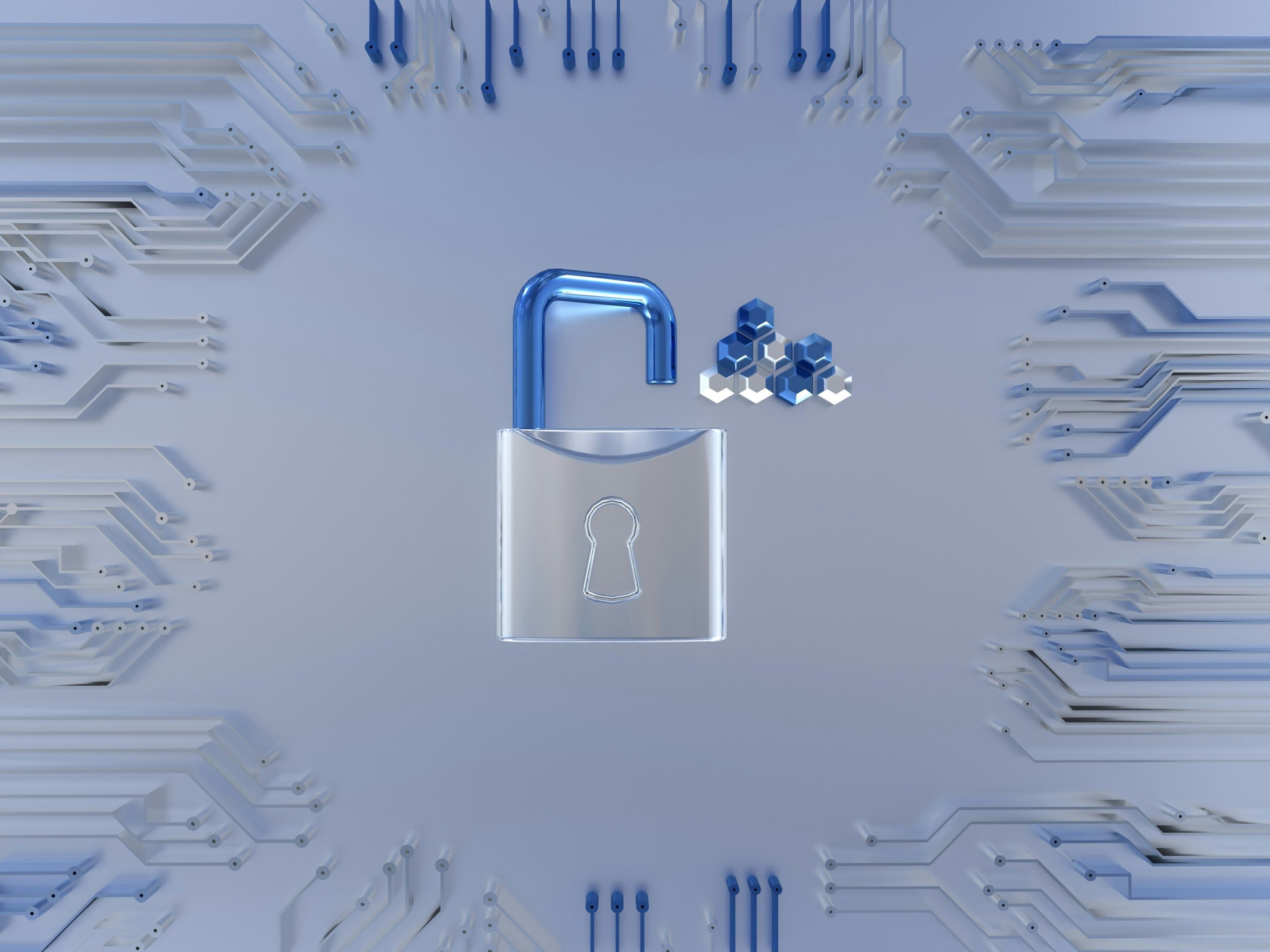 3D illustration of an open padlock with a metallic blue shackle and silver body featuring a keyhole symbol, surrounded by abstract circuit-like patterns representing digital connectivity. Small hexagonal shapes on the right symbolize data or network elements, conveying a concept of cybersecurity or unlocked digital access.