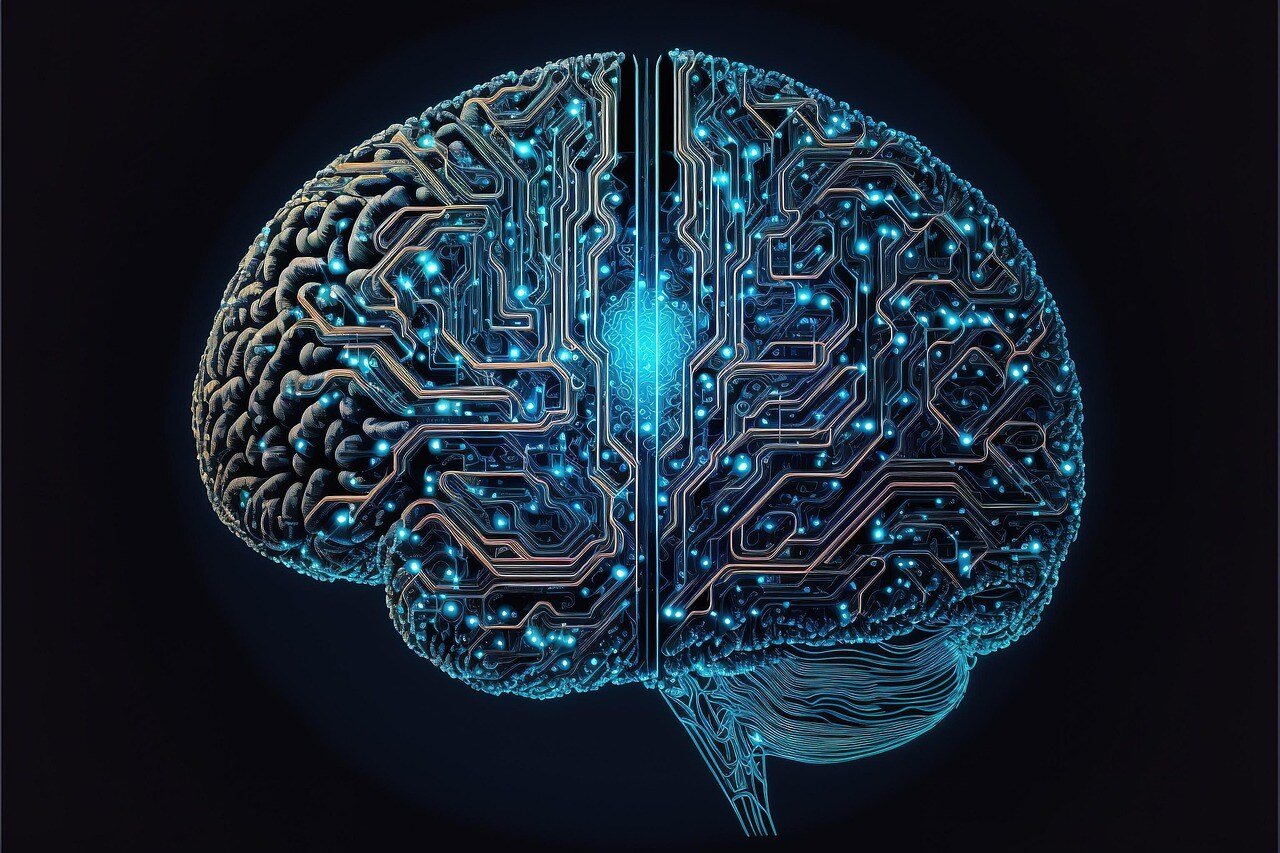 A digital illustration of a human brain integrated with glowing circuit lines, symbolizing artificial intelligence, machine learning, and the fusion of technology with human cognition.