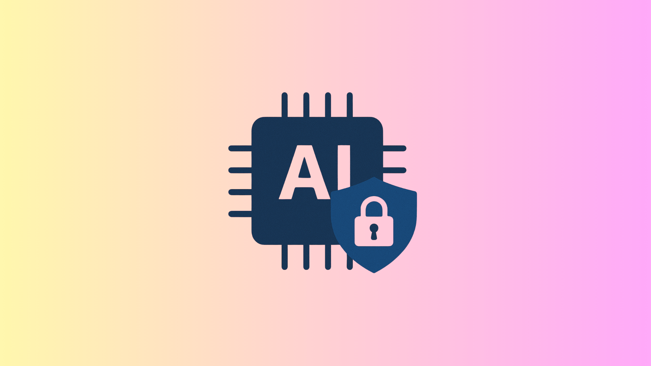 This image depicts a dark blue AI chip icon with a padlock shield overlay, symbolizing secure artificial intelligence or AI data protection. The background features a smooth gradient from light yellow to pink, giving it a modern and professional look.
