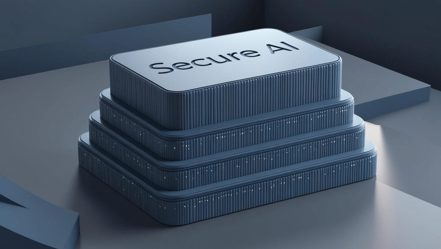 A 3D illustration of a tiered, metallic platform resembling computer hardware or servers, with the top layer labeled Secure AI, symbolizing the foundation of artificial intelligence built on secure technology.