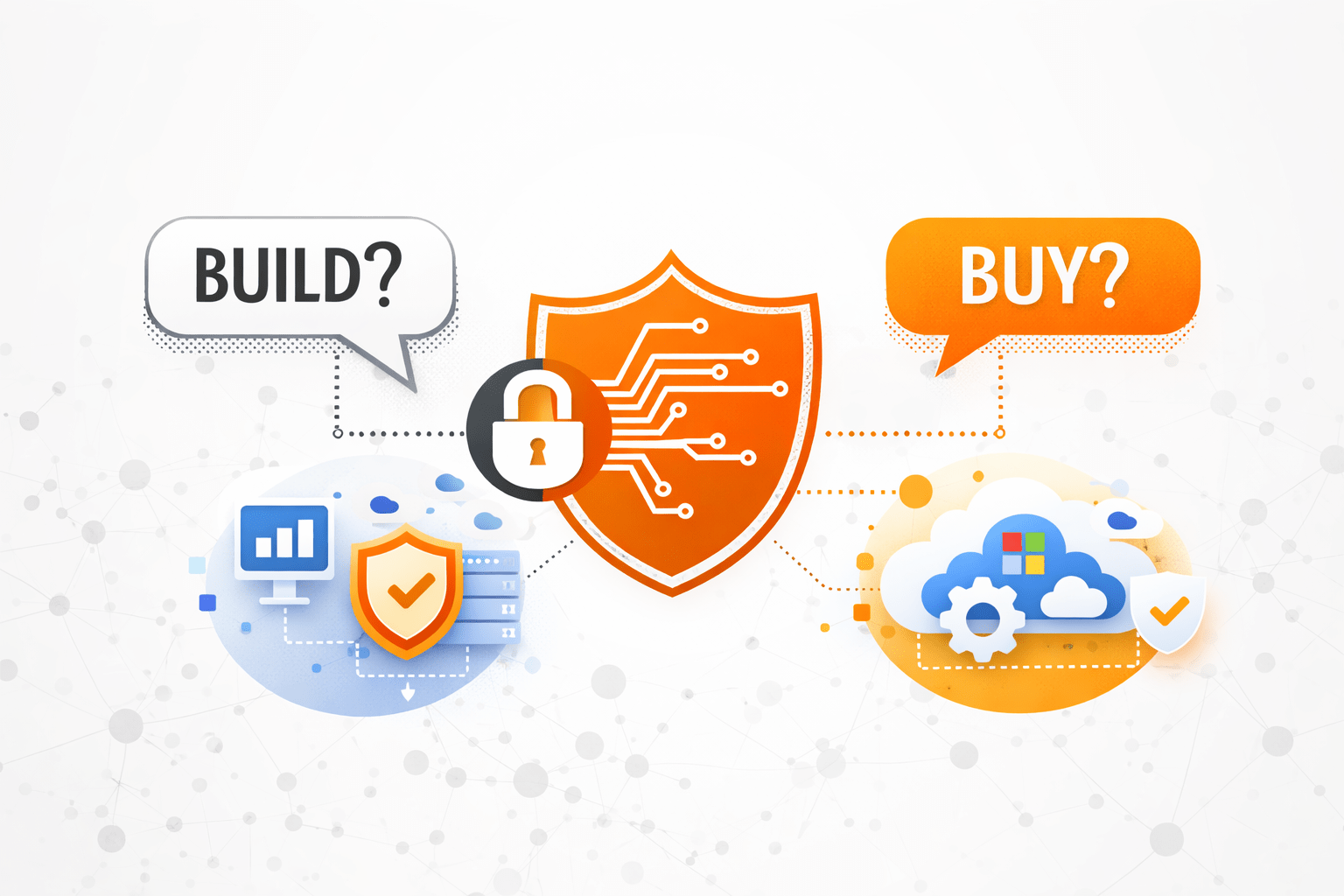 Illustration showing a buy or build Microsoft SOC decision, with a central security shield and lock connected to on-premises systems on one side and Microsoft cloud services on the other.