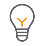 Minimalist light bulb icon outlined in dark gray with a stylized orange Y-shaped filament in the center; clean and modern design symbolizing innovation, creativity, or bright ideas on a light gray background.