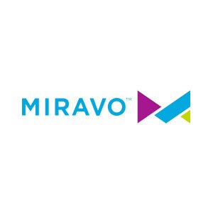 Logo displaying the word MIRAVO in bold blue uppercase letters followed by an abstract geometric design composed of overlapping shapes in purple, blue, and lime green; clean and modern layout on a white background representing a contemporary brand identity.