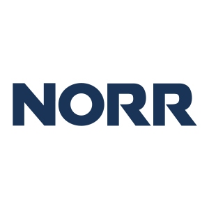 Logo for **NORR**, featuring bold, modern navy blue capital letters on a white background — representing a company specializing in architecture, engineering, and design services.
