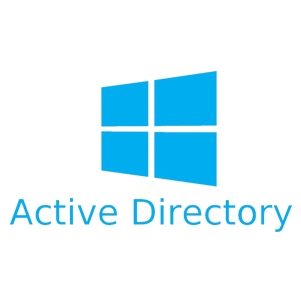 Bright blue Windows-style four-pane logo above the words Active Directory in matching blue text; minimalist design on a white background representing Microsoft’s directory service branding.