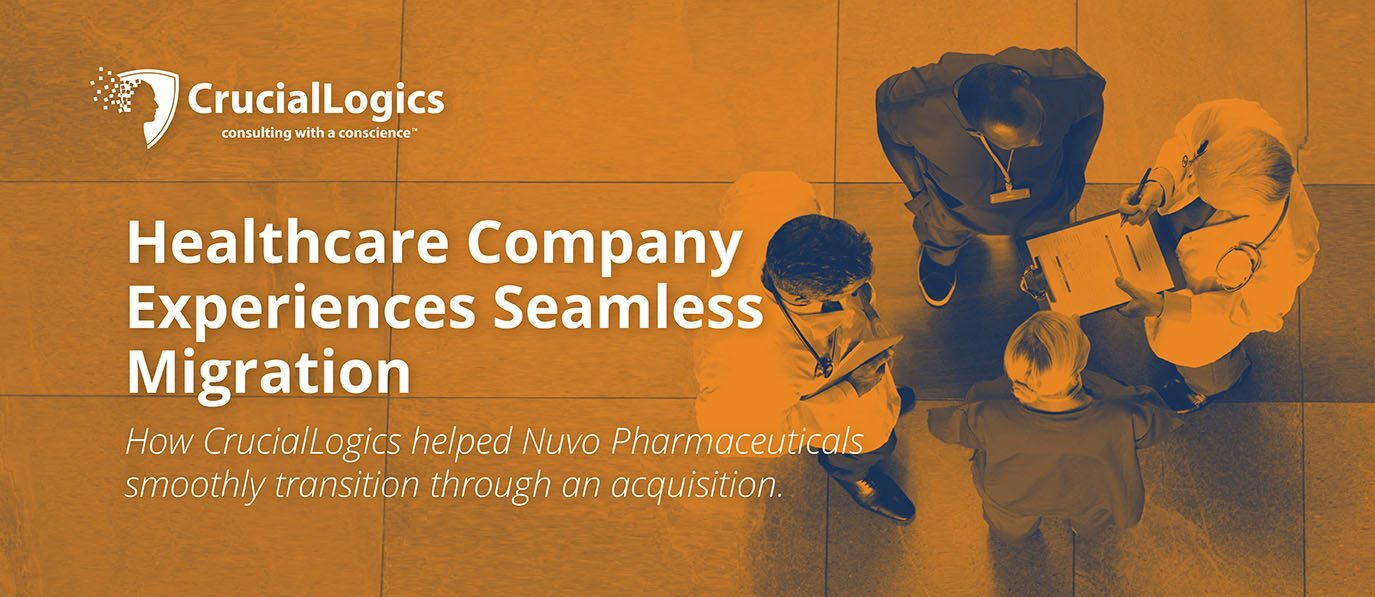 An image with an orange overlay showing four healthcare professionals standing in a circle discussing documents; text on the left reads: Healthcare Company Experiences Seamless Migration; subtitle explains how CrucialLogics helped Nuvo Pharmaceuticals transition through an acquisition; CrucialLogics logo appears at the top left.