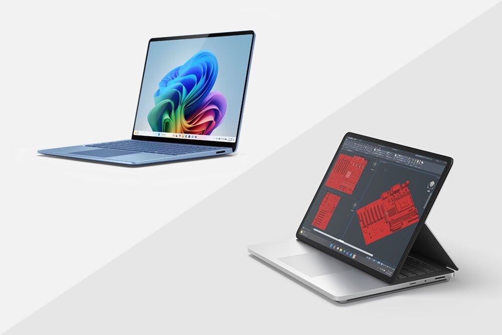 Two modern laptops displayed on a light gradient background – one open showing a colorful abstract wallpaper, the other in a tilted position displaying a 3D red design model; represents advanced computing, design, and productivity technology.