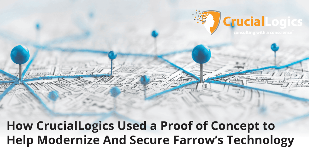 A CrucialLogics banner featuring a close-up of a map with blue pushpins connected by blue strings. The text reads: How CrucialLogics Used a Proof of Concept to Help Modernize And Secure Farrow’s Technology.