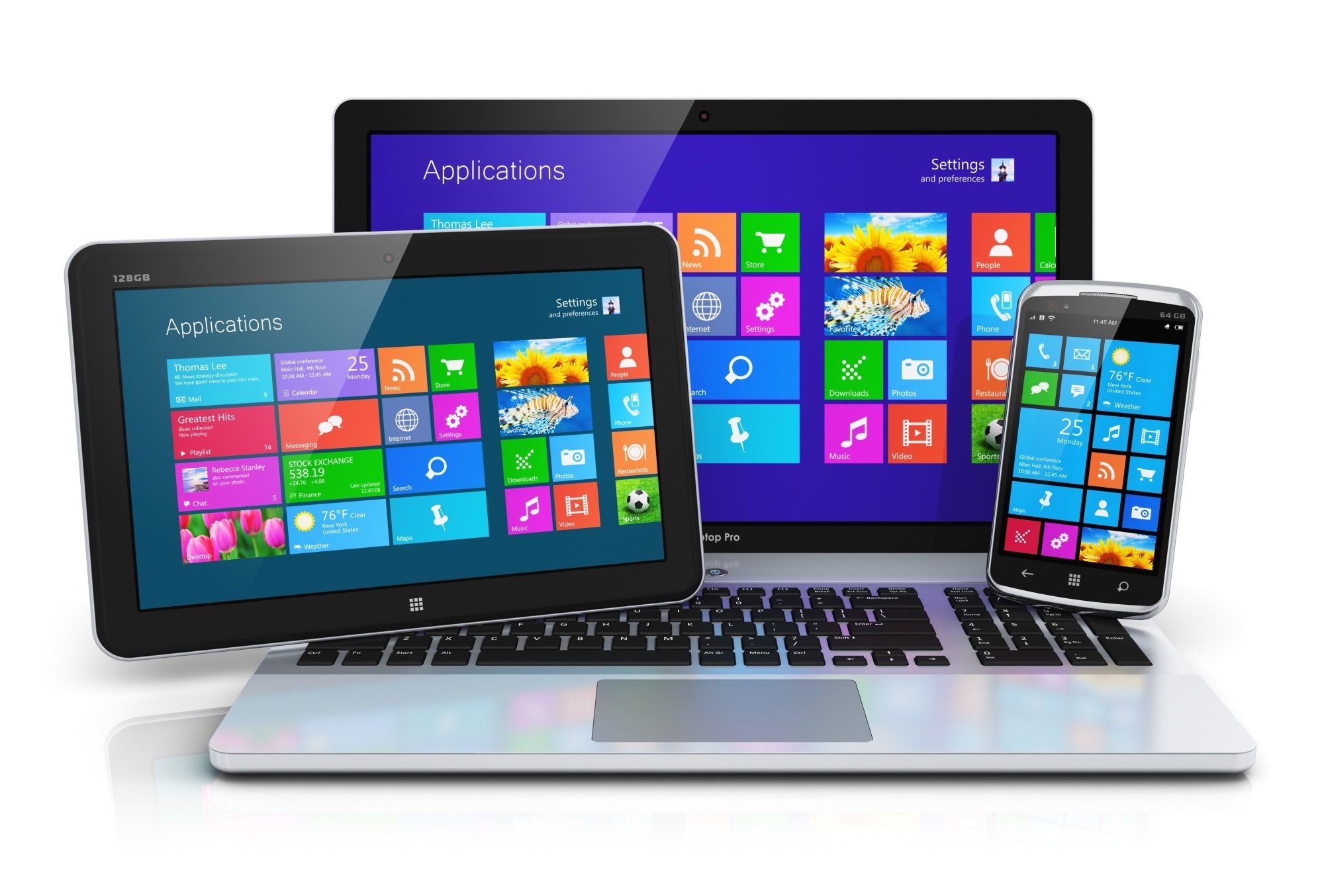 Laptop, tablet, and smartphone all displaying the Windows interface with colorful tiled applications, representing cross-device compatibility and synchronization across multiple platforms in the Microsoft ecosystem.