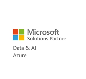 A badge displaying the Microsoft logo with the text Microsoft Solutions Partner – Data & AI Azure on a white background.