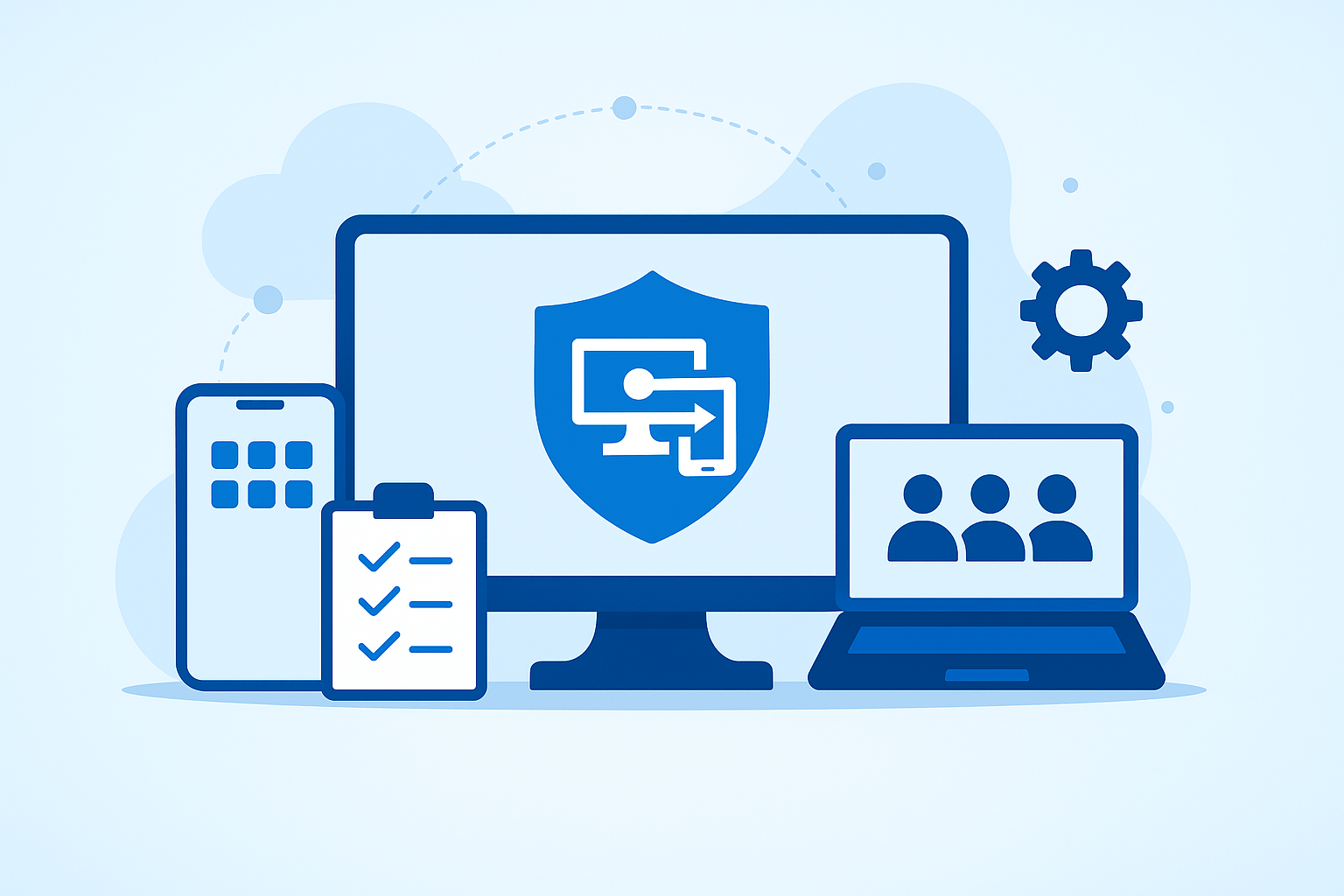 An illustration showing a computer monitor with a security shield icon in the center, surrounded by a smartphone, checklist clipboard, laptop with user icons, and a gear symbol, representing digital security and system management.