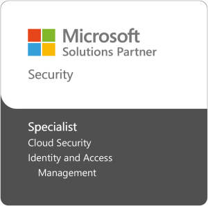 A badge displaying the Microsoft logo with text reading “Microsoft Solutions Partner – Security” on a white background.