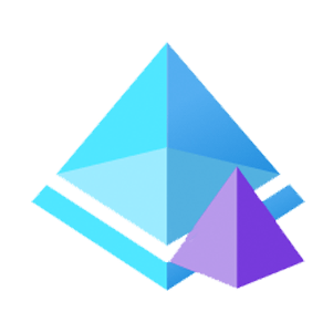 Two overlapping geometric pyramids composed of gradient shades of blue and purple; the larger pyramid in bright cyan and blue hues, and the smaller one in violet tones; both layered over angular base shapes creating a modern, three-dimensional logo design on a light gray background.