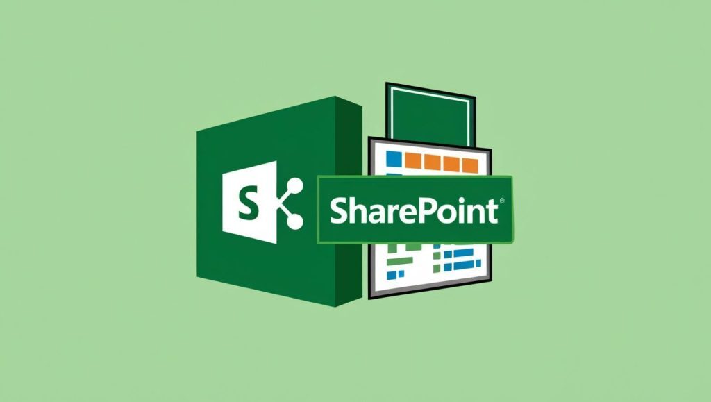 3D illustration of the Microsoft SharePoint logo on a green background; featuring the SharePoint icon and a stylized graphic of a digital workspace representing collaboration and document management tools.