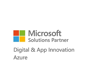 A badge displaying the Microsoft logo with the text Microsoft Solutions Partner – Digital & App Innovation Azure on a white background.