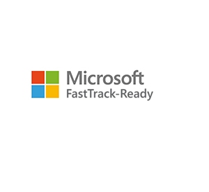 The image shows the Microsoft FastTrack-Ready logo centered on a white background. The logo consists of four small colored squares forming the Microsoft symbol — red (top left), green (top right), blue (bottom left), and yellow (bottom right) — positioned to the left of the text